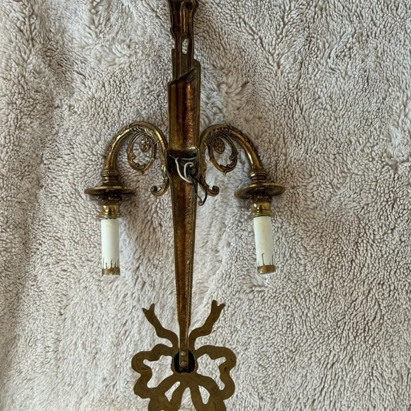 Vintage Louis xvi ribbon bow gold gilded double arm electric candle wall sconce